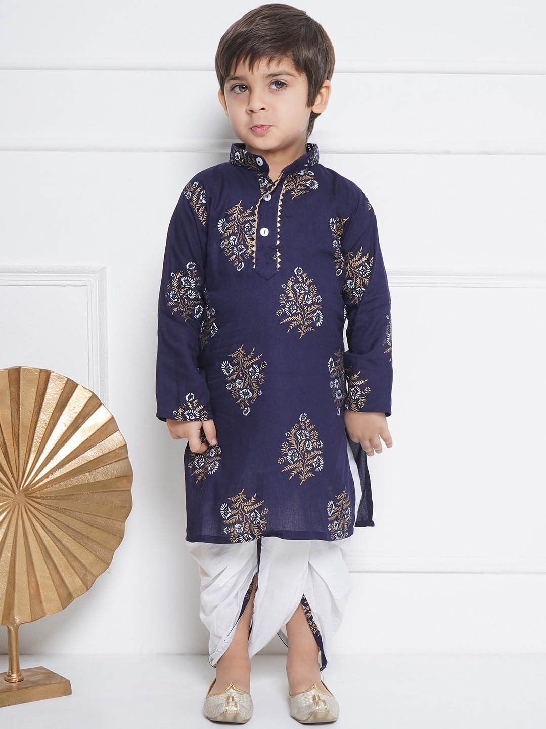 

Aj DEZInES Boys Floral Printed Straight Pure Cotton Kurta With Dhoti Pant, Blue