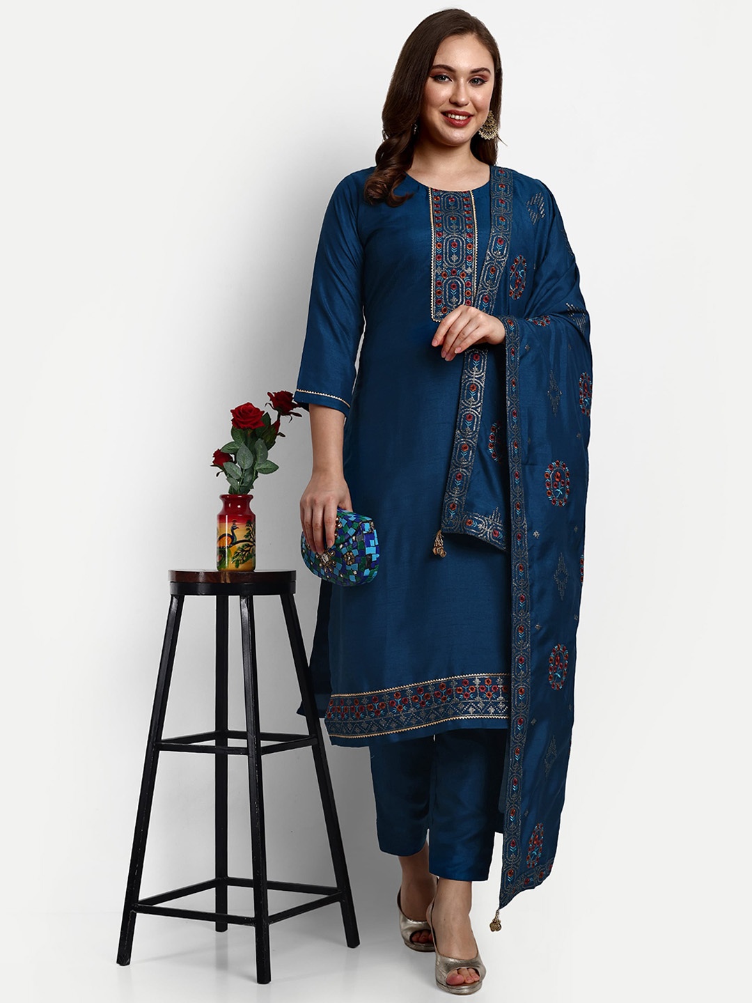 

V B SONS Floral Embroidered Regular Gotta Patti Kurta with Trouser & Dupatta, Blue