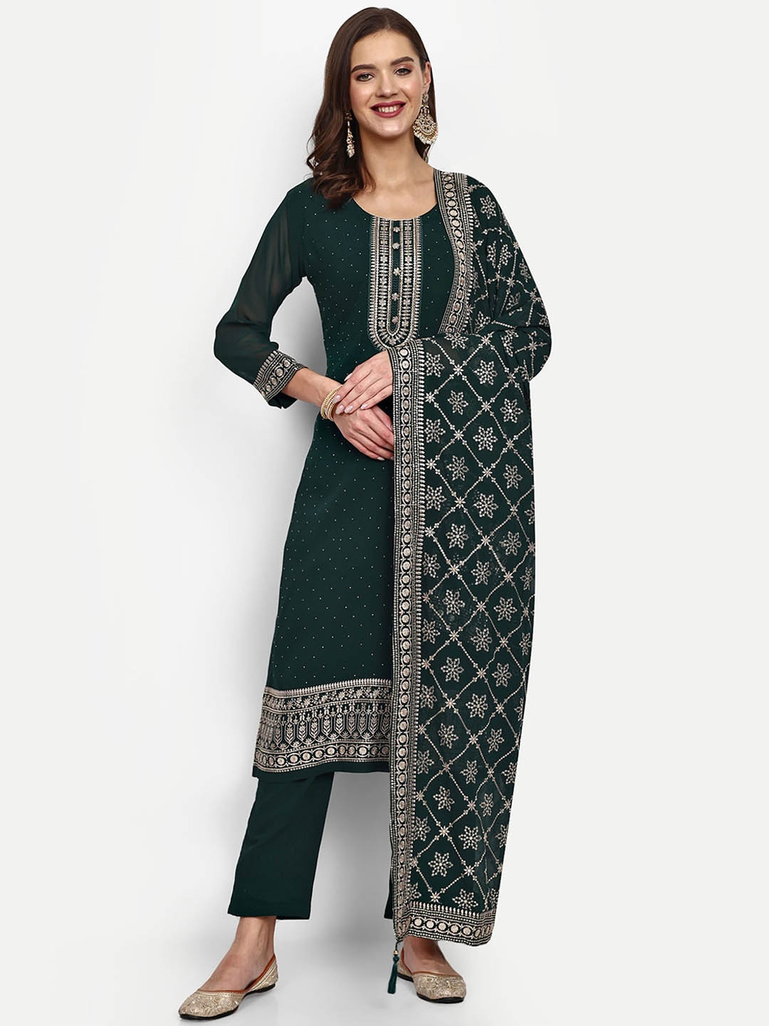 

V B SONS Floral Embroidered Regular Beads and Stones Kurta with Trouser & Dupatta, Green