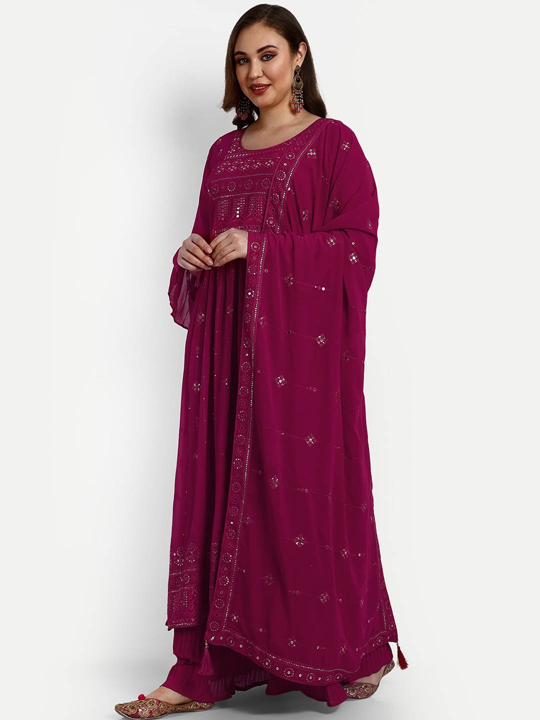 

V B SONS Embroidered Pleated Sequined Georgette Kurta with Palazzos & With Dupatta, Red