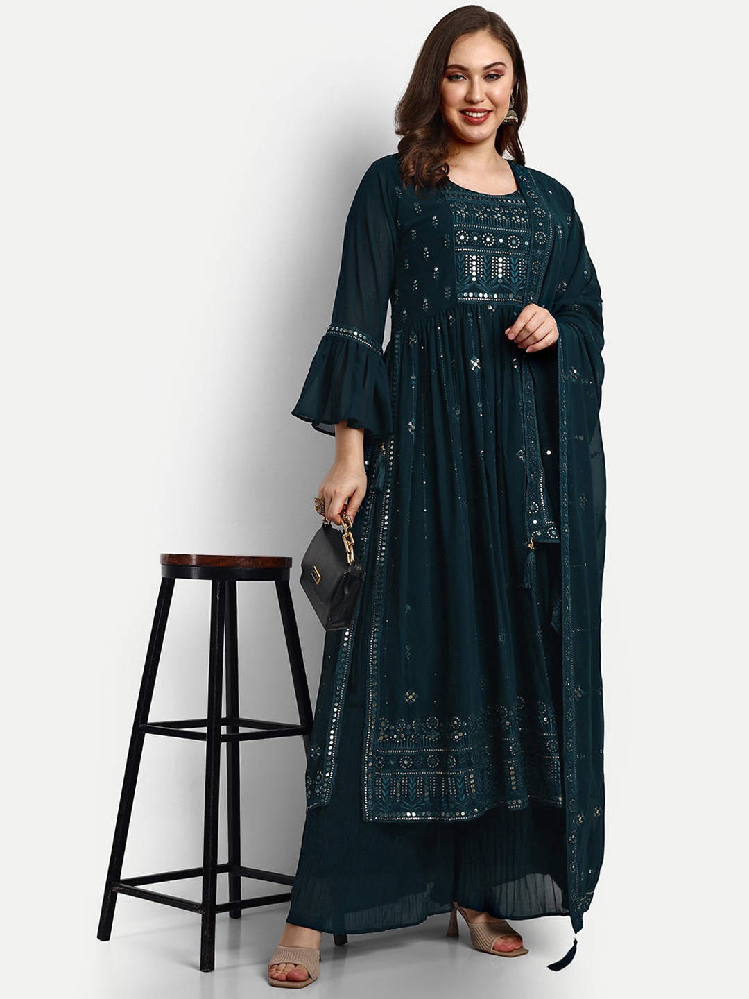 

V B SONS Women Floral Embroidered Pleated Sequinned Kurta with Palazzos & With Dupatta, Blue