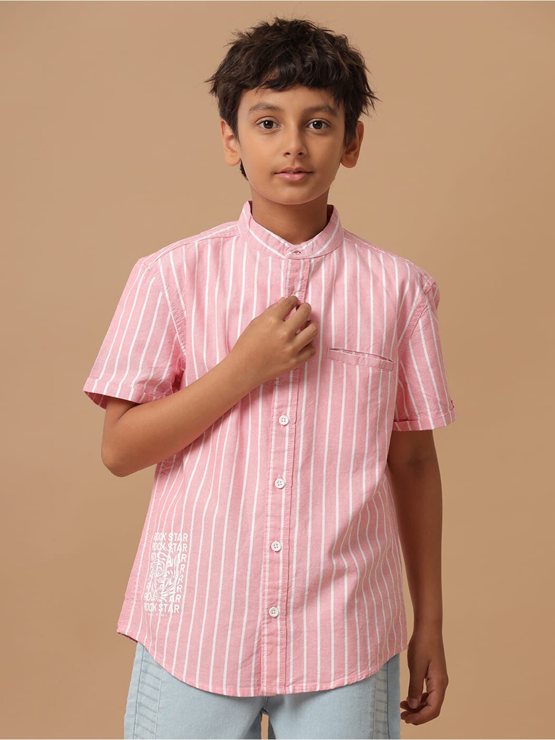 

UNDER FOURTEEN ONLY Boys Vertical Striped Mandarin Collar Cotton Casual Shirt, Pink