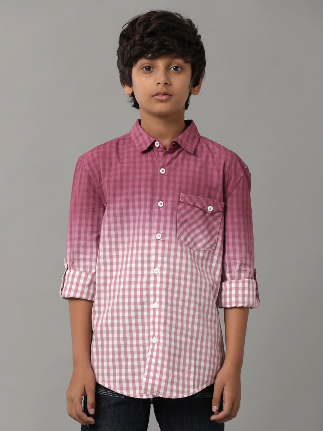 

UNDER FOURTEEN ONLY Boys Tartan Checked Roll-Up Sleeves Cotton Casual Shirt, Pink