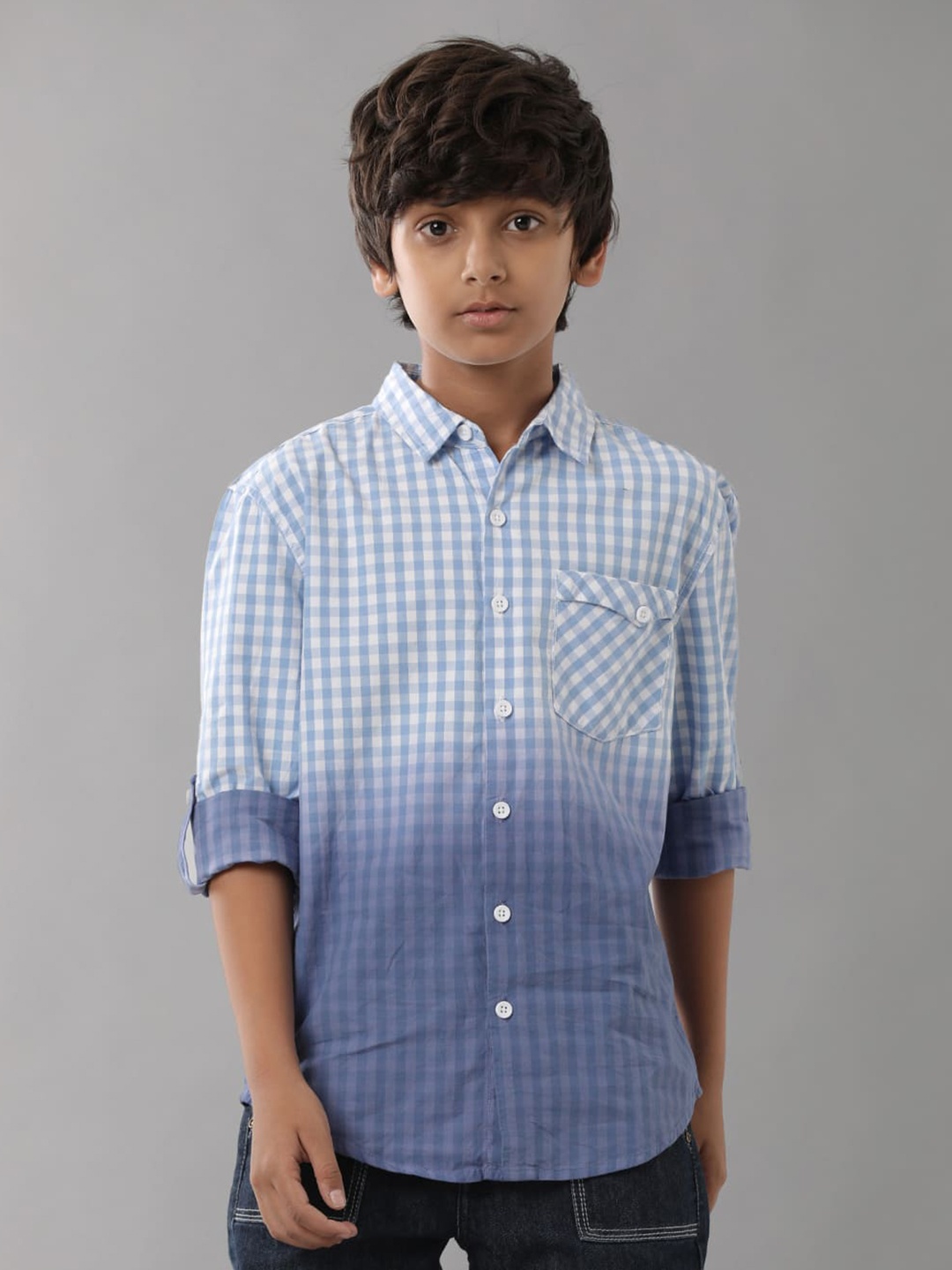 

UNDER FOURTEEN ONLY Boys Gingham Checks Cotton Casual Shirt, Blue