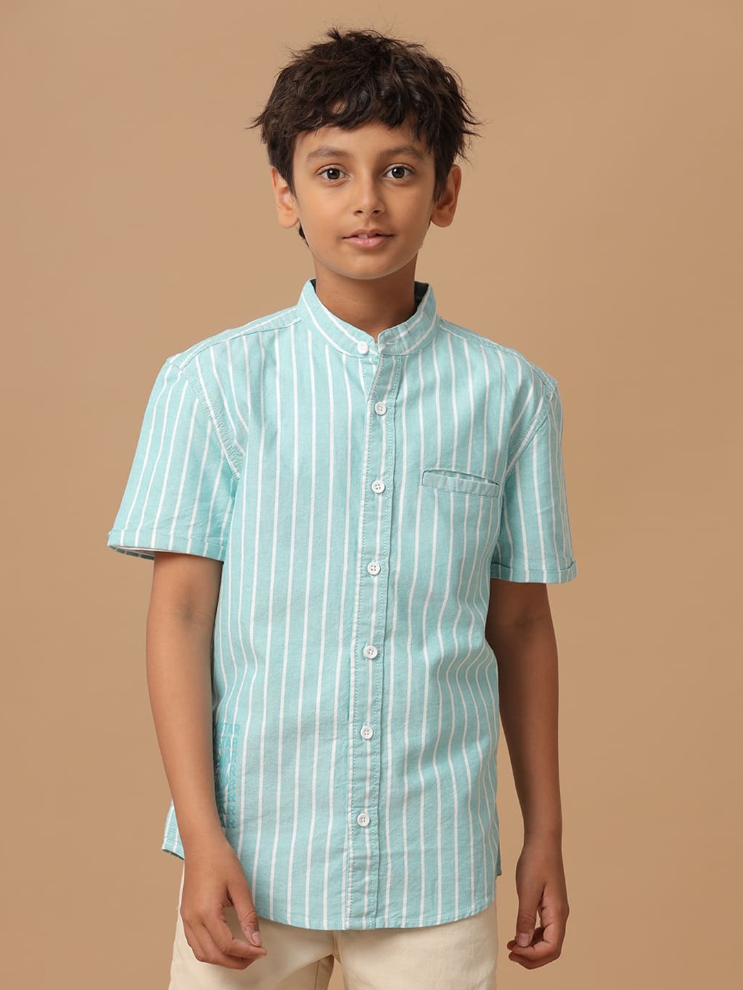 

UNDER FOURTEEN ONLY Boys Striped Mandarin Collar Cotton Casual Shirt, Green