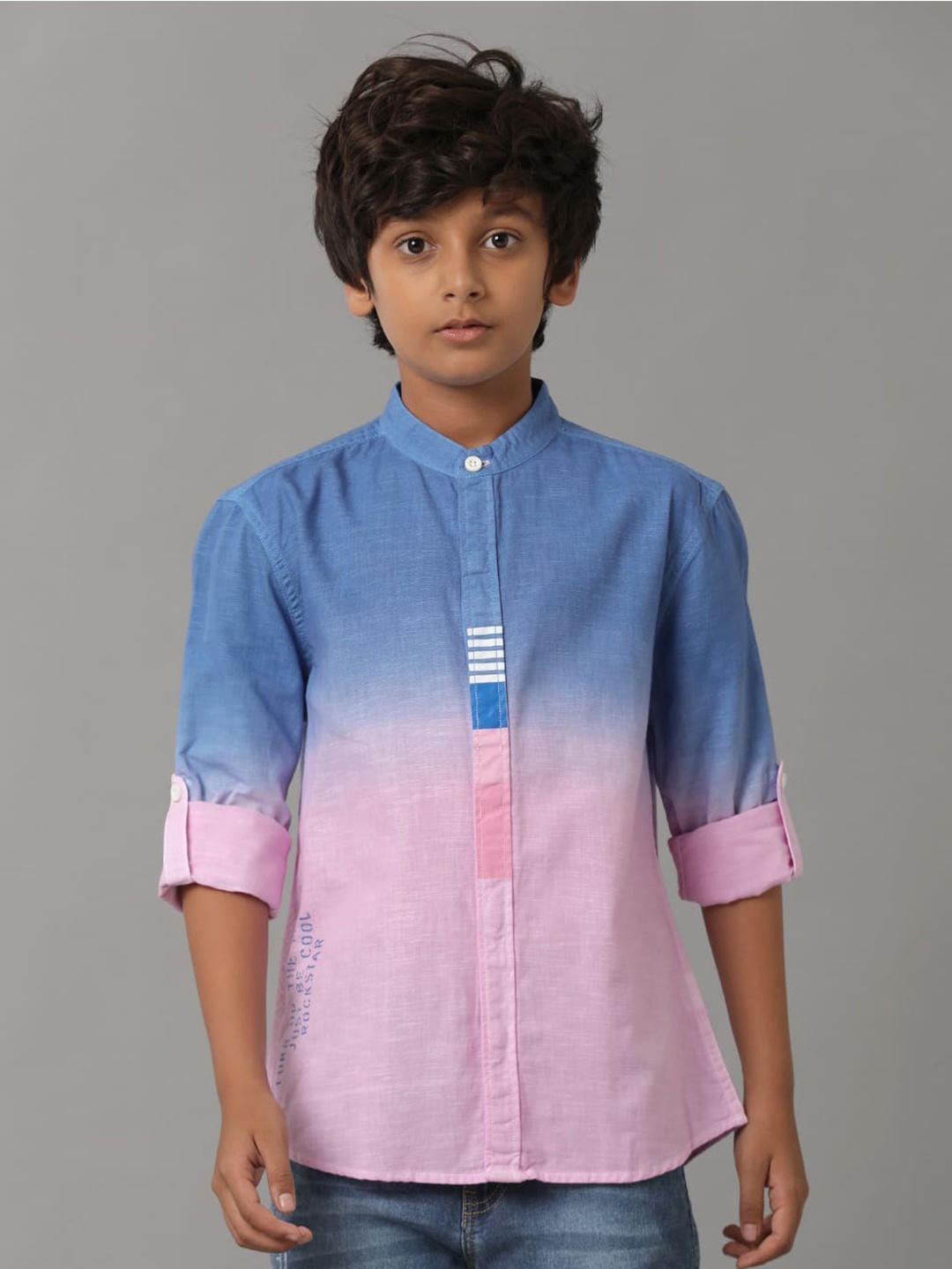 

UNDER FOURTEEN ONLY Boys Faded Mandarin Collar Cotton Casual Shirt, Blue