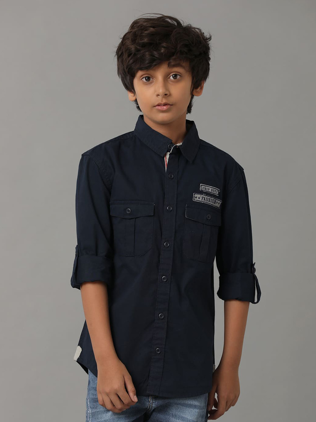 

UNDER FOURTEEN ONLY Boys Spread Collar Chest Pockets Cotton Casual Shirt, Navy blue