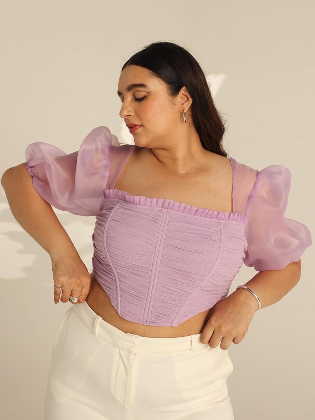 

Lea Clothing Co. Women Puff Sleeves Crop Top, Lavender