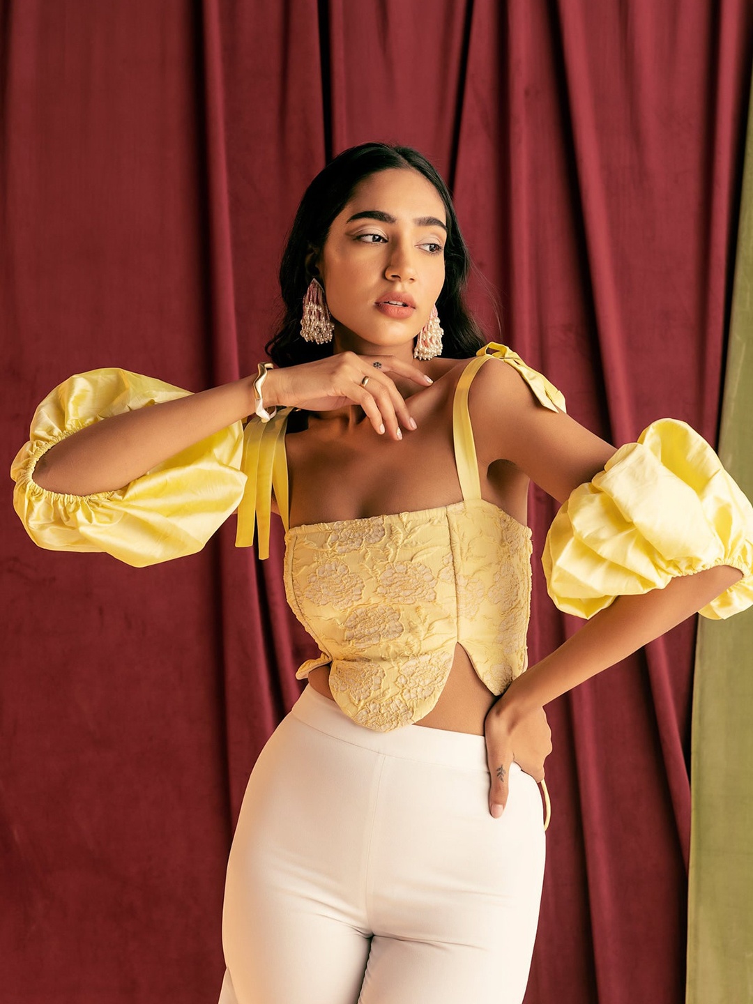 

Lea Clothing Co. Shoulder Straps Puff Sleeve Corset Style Crop Top, Yellow