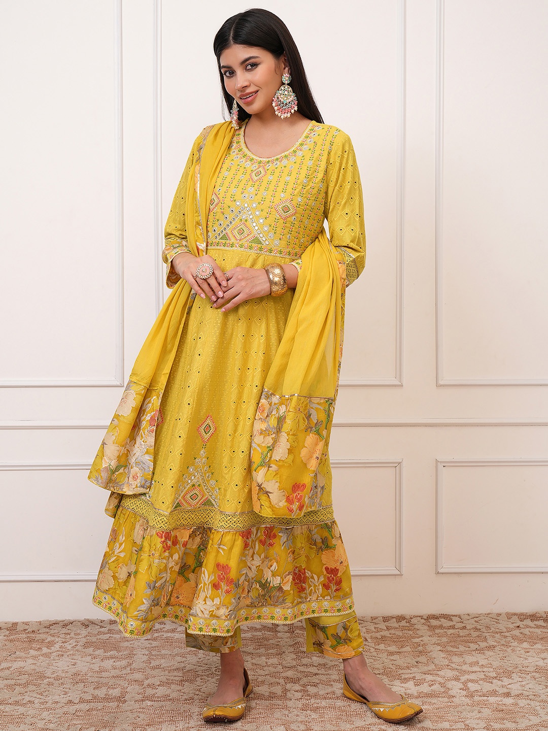 

Vishudh Round Neck Ethnic Embroidered Cotton Anarkali Kurta with Trouser & Dupatta, Mustard