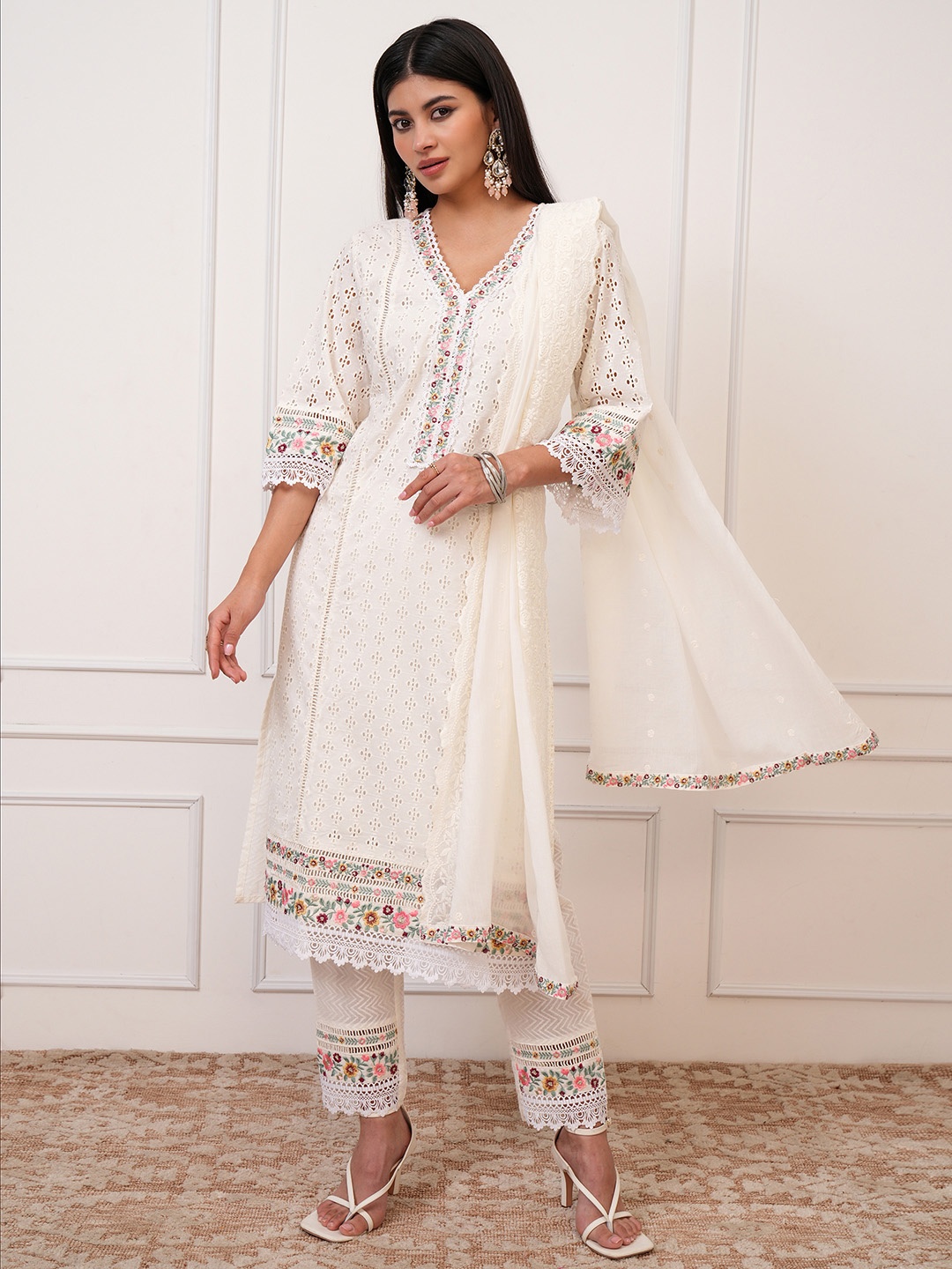 

Vishudh V Neck Floral Embroidered Cotton Shiffli Straight Kurta with Trouser & Dupatta, White