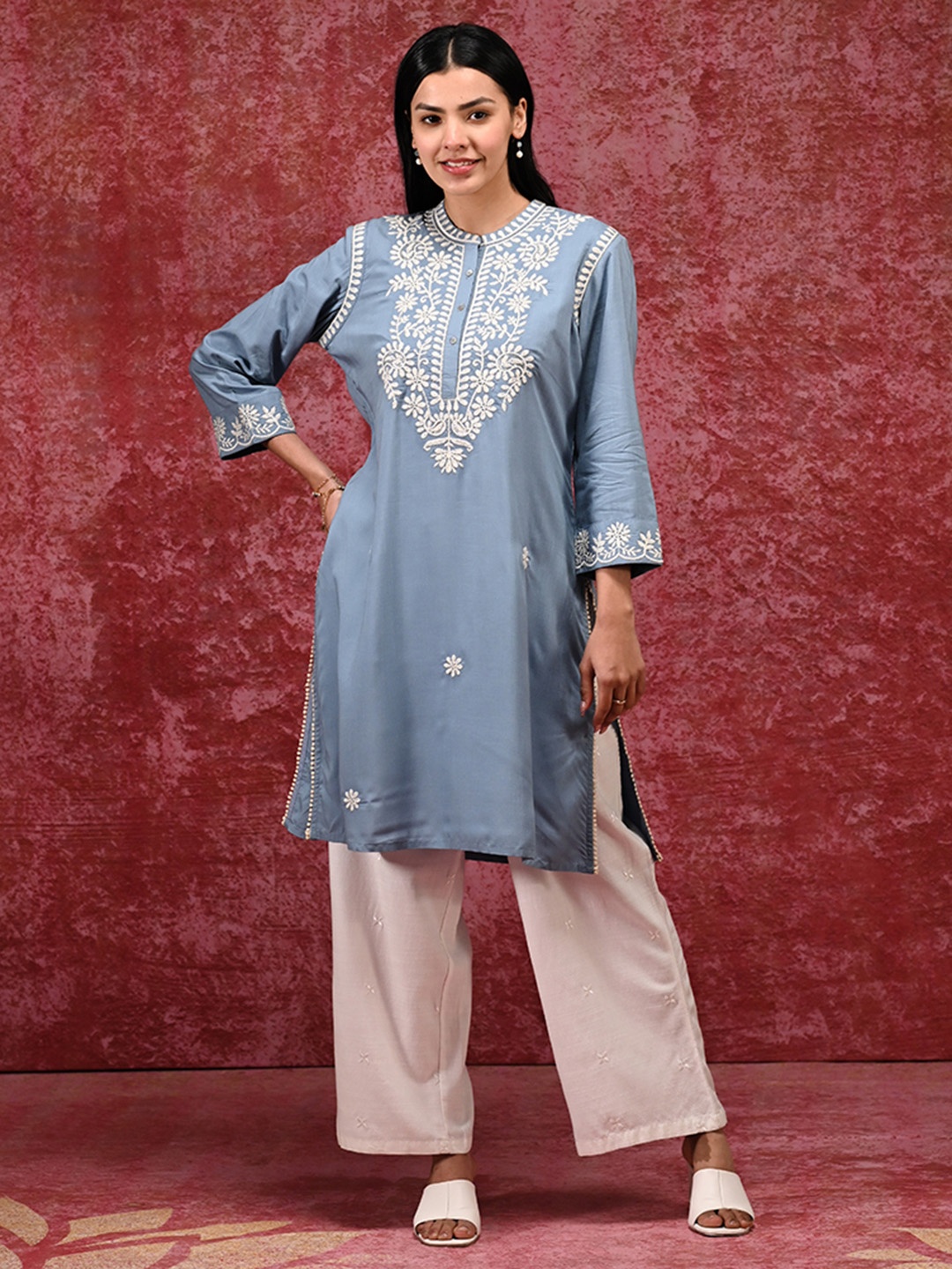 

Lakshita Ethnic Motifs Embroidered Thread Work Pure Cotton Straight Kurta, Blue