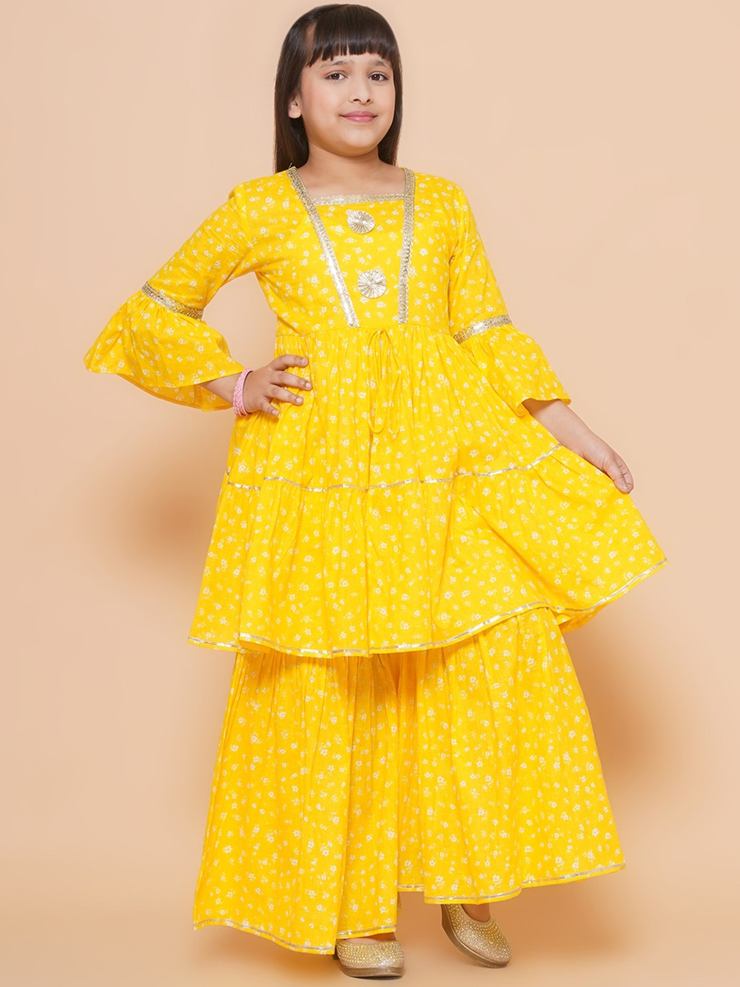 

Modish Couture Girls Floral Printed Tiered Gotta Patti Pure Cotton Kurta With Sharara, Yellow