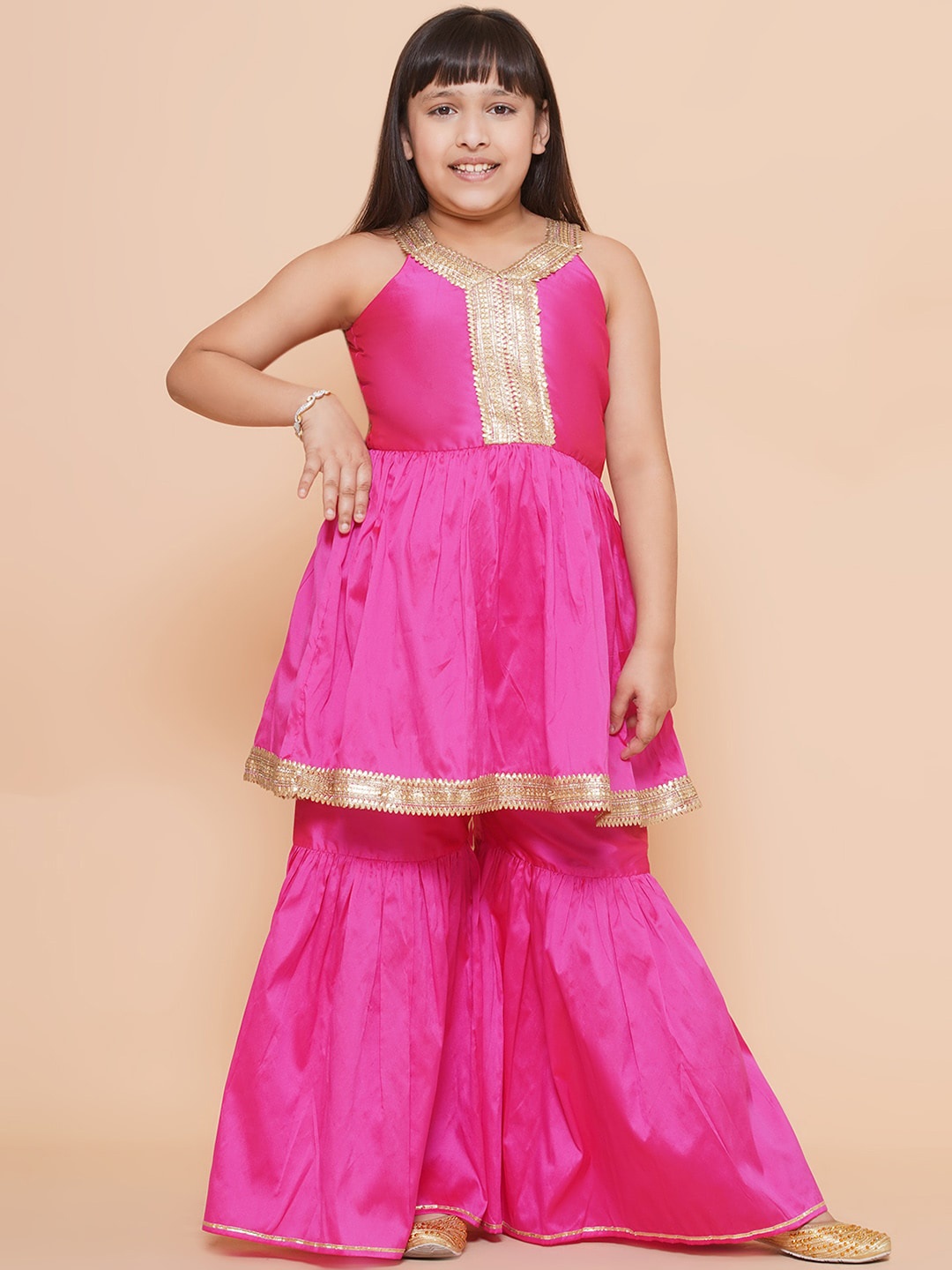 

Modish Couture Girls Shoulder Straps Gotta Patti Tiered Anarkali Kurta With Sharara, Pink