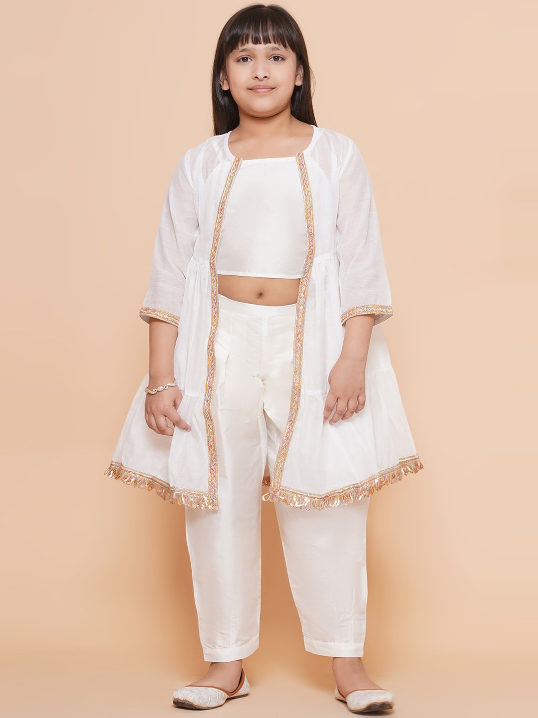 

Modish Couture Girls Round Neck Top with Palazzos & shrug, White
