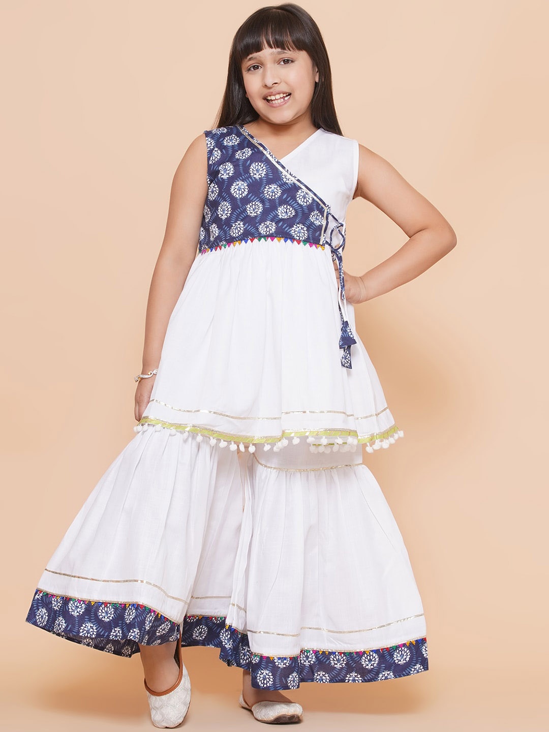 

Modish Couture Girls Floral Printed Gotta Patti Angrakha Pure Cotton Kurta With Sharara, White