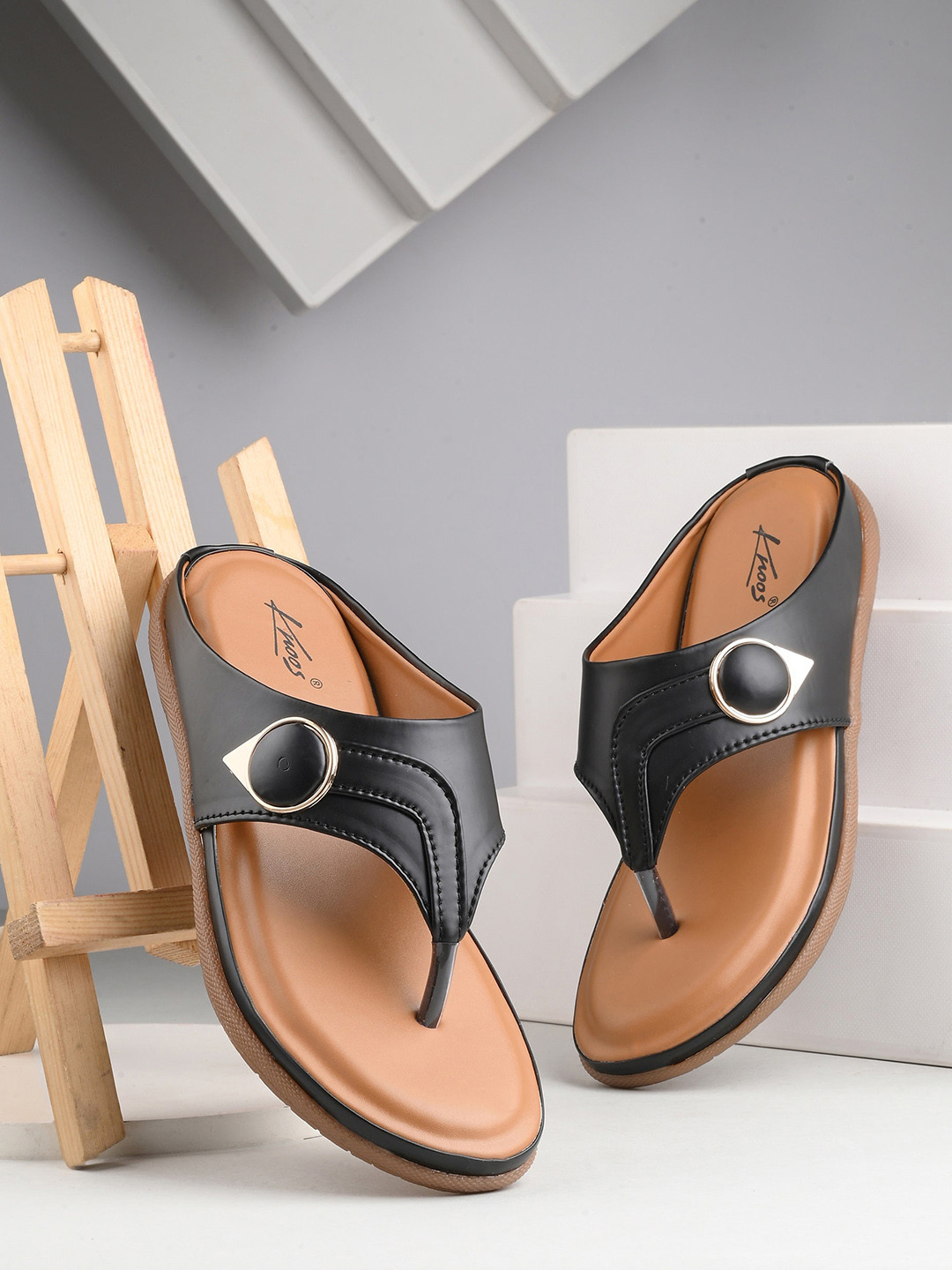 

knoos Buckles Open Toe T-Strap Flats, Black