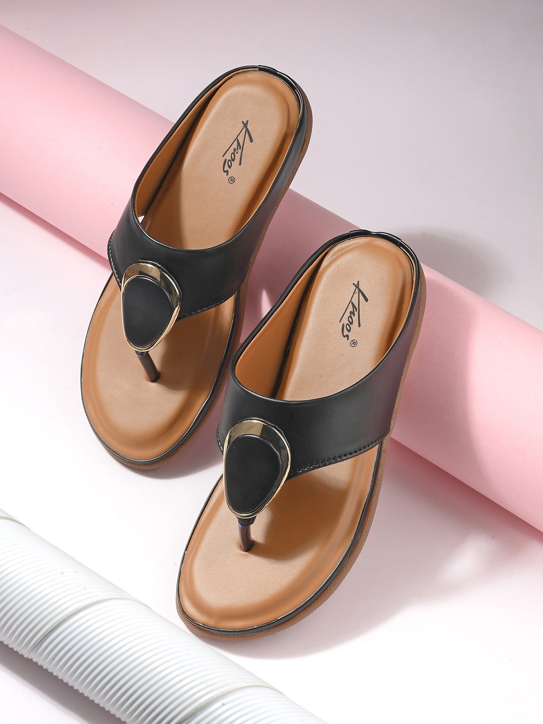 

knoos Buckles Open Toe T-Strap Flats, Black