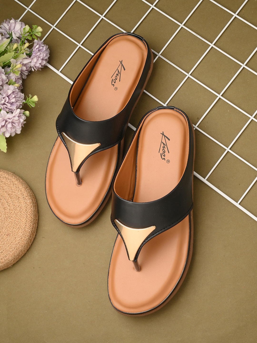 

knoos Textured Open Toe T-Straps Flats, Black