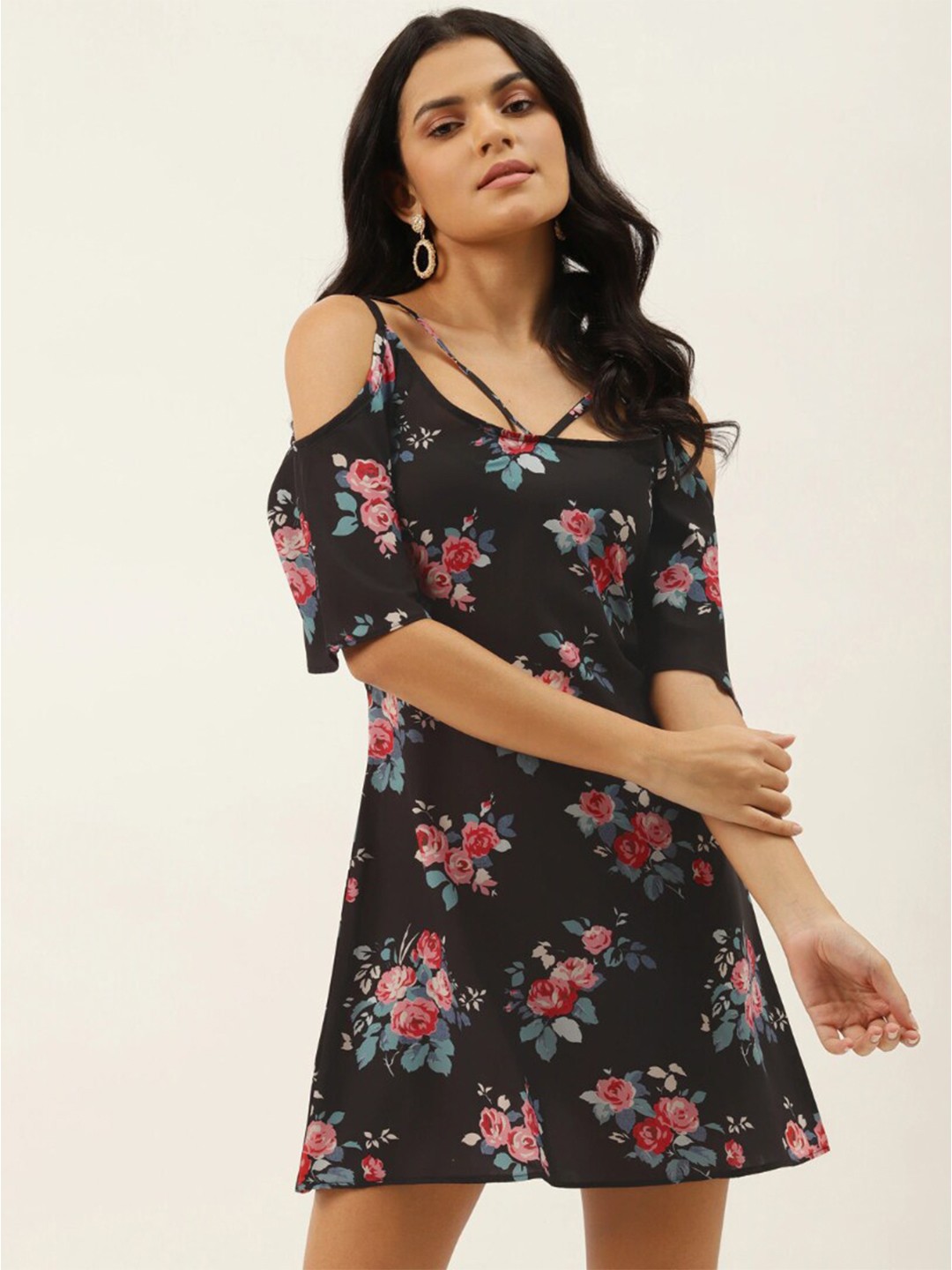 

MELOSO Floral Printed Flared Sleeve Sheath Dress, Black