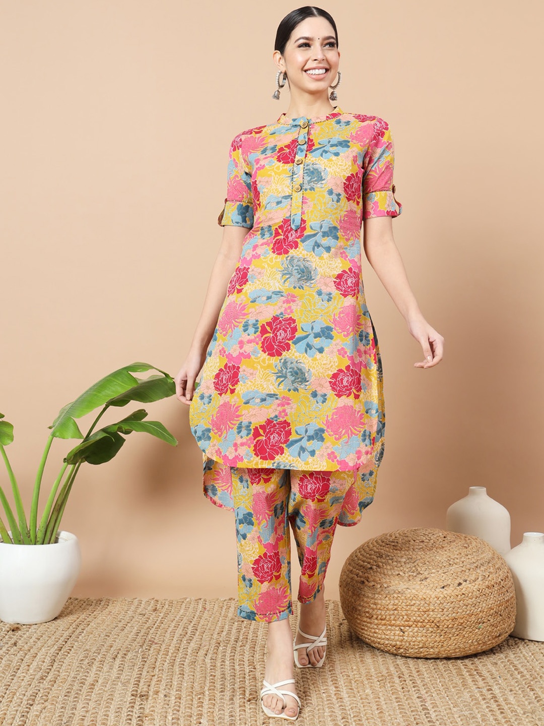 

Yufta Floral Printed Mandarin Collar Pure Cotton Tunic With Trouser, Mustard