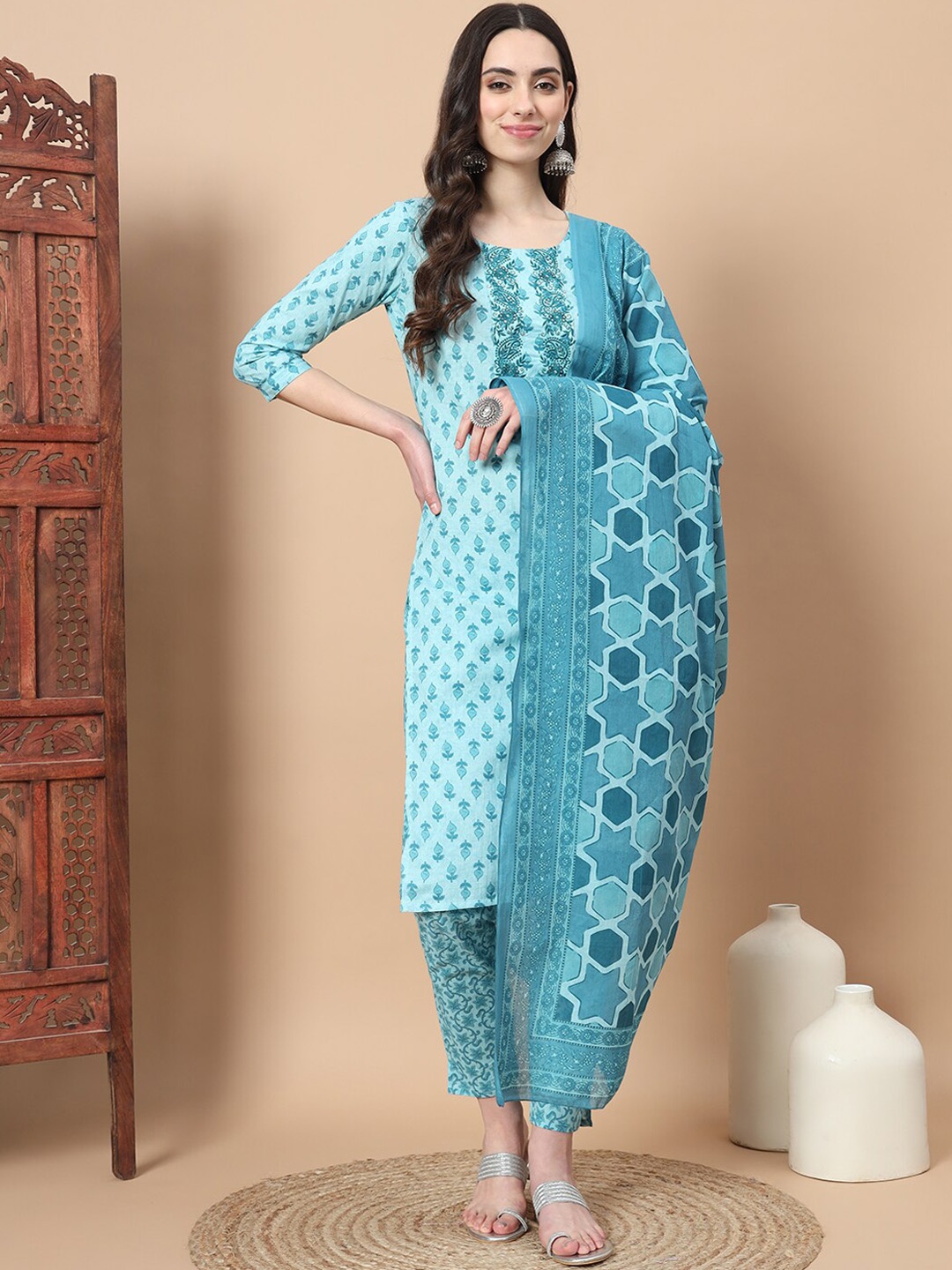 

Yufta Ethnic Motifs Printed Thread Work Pure Cotton Straight Kurta With Trousers & Dupatta, Turquoise blue