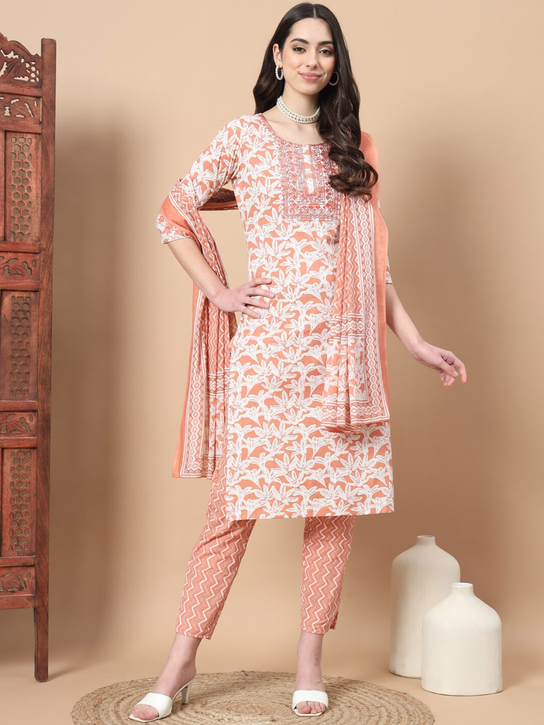 

Yufta Floral Embroidered Regular Sequinned Pure Cotton Kurta With Trousers & Dupatta, Orange