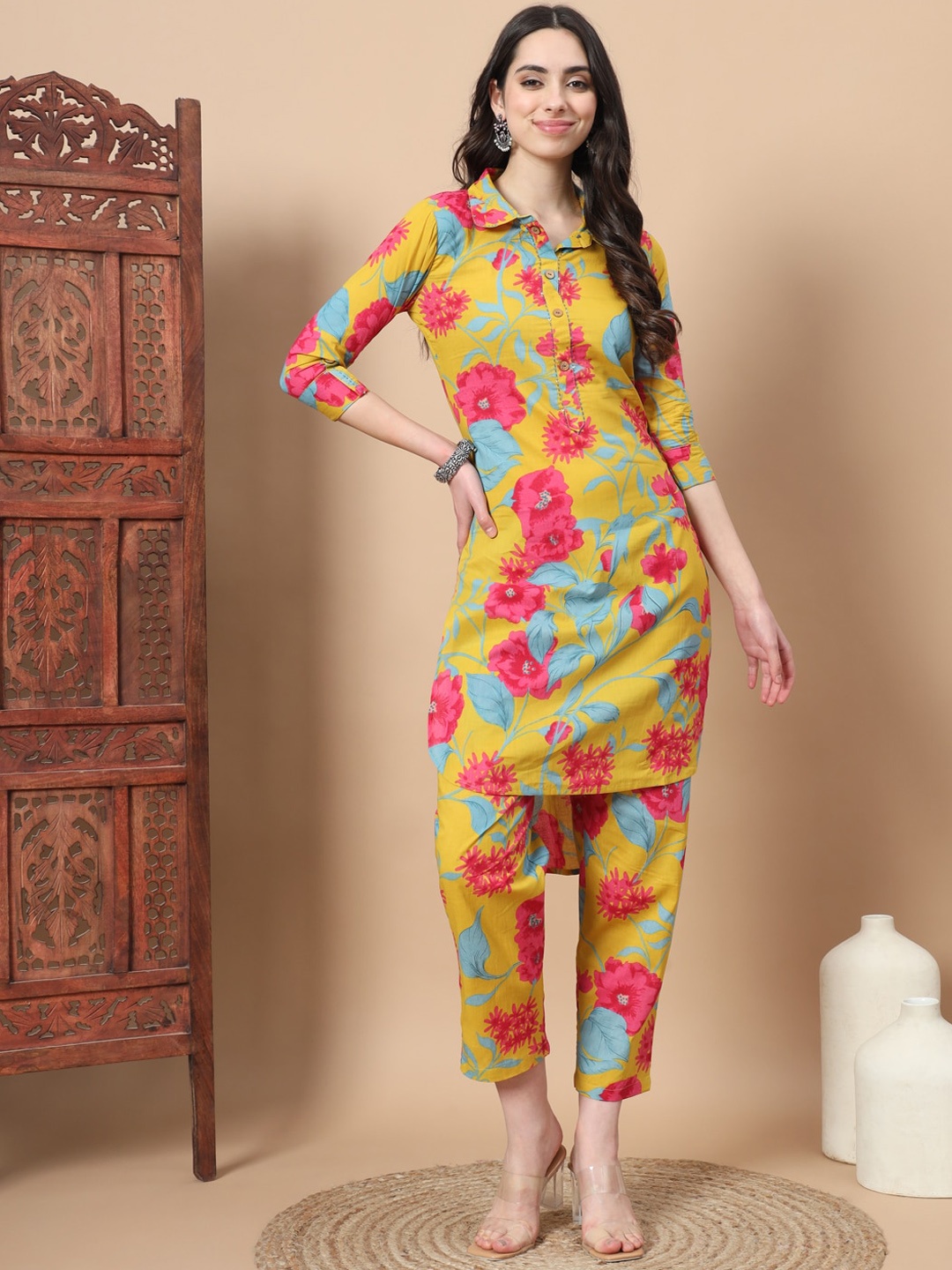 

Yufta Floral Printed Shirt Collar Pure Cotton Tunic With Trouser, Mustard