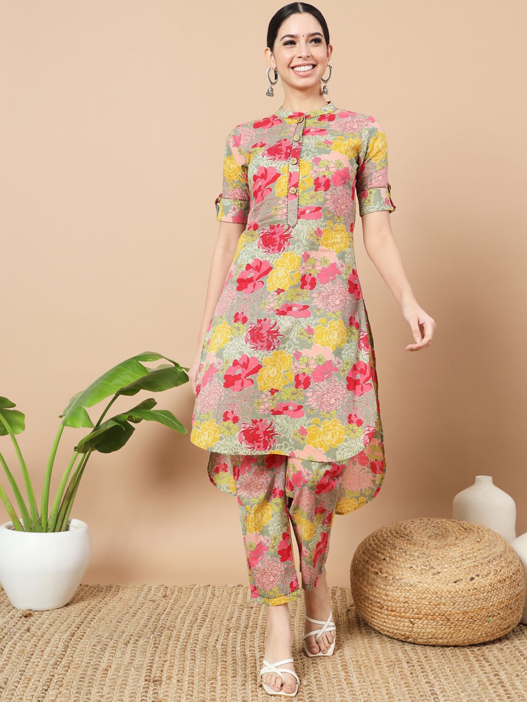 

Yufta Floral Printed Mandarin Collar Pure Cotton Tunic With Trouser, Sea green