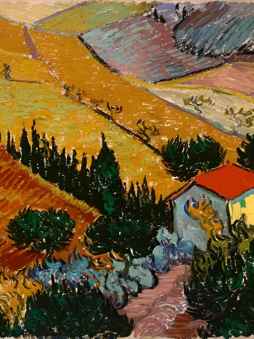 

Adventures India Orange & Green Landscape With House Wooden Painting Wall Art