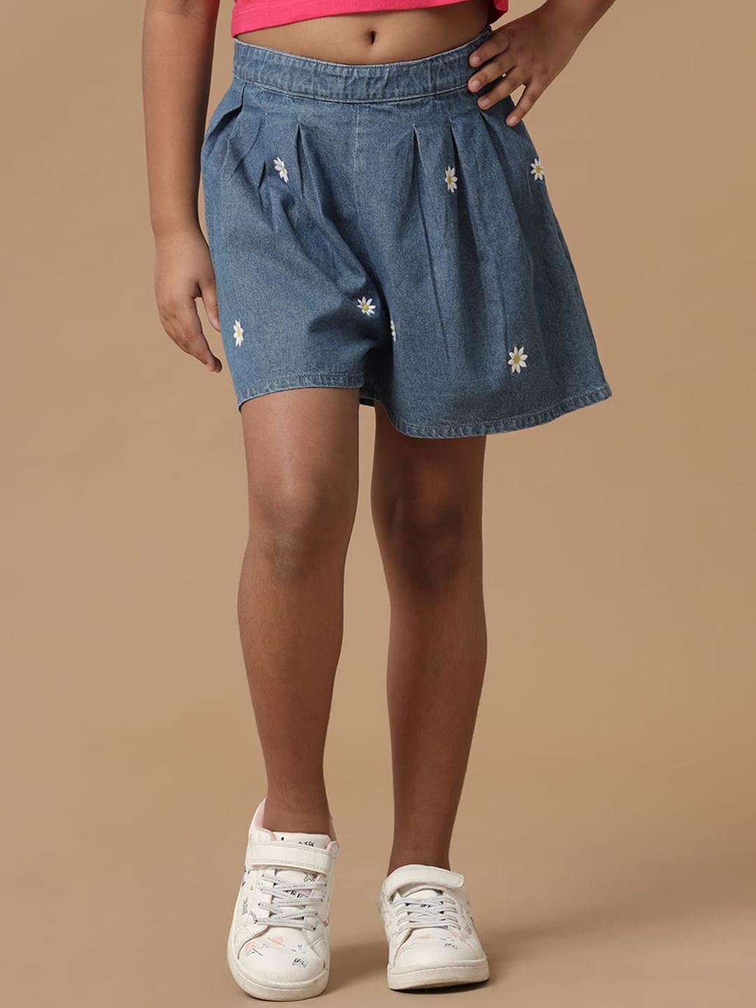 

UNDER FOURTEEN ONLY Girls Floral Mid-Rise Cotton Shorts, Navy blue