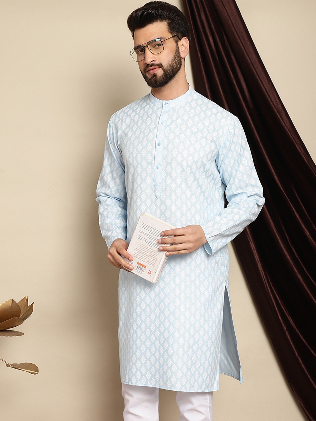 

Anouk Ethnic Motifs Printed Band Collar Straigt Kurta, Turquoise blue