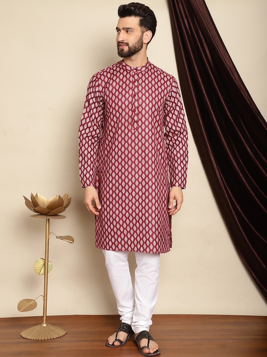 

Anouk Maroon Mandarin Collar Ethnic Motifs Printed Straight Kurta with Pyjamas