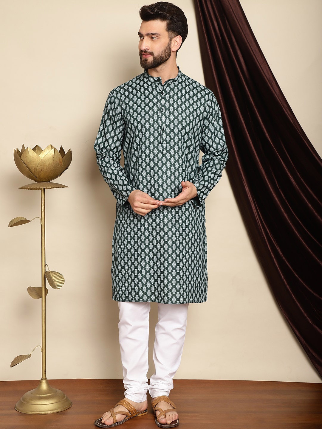 

Anouk Ethnic Motifs Printed Band Collar Kurta with Churidar, Green