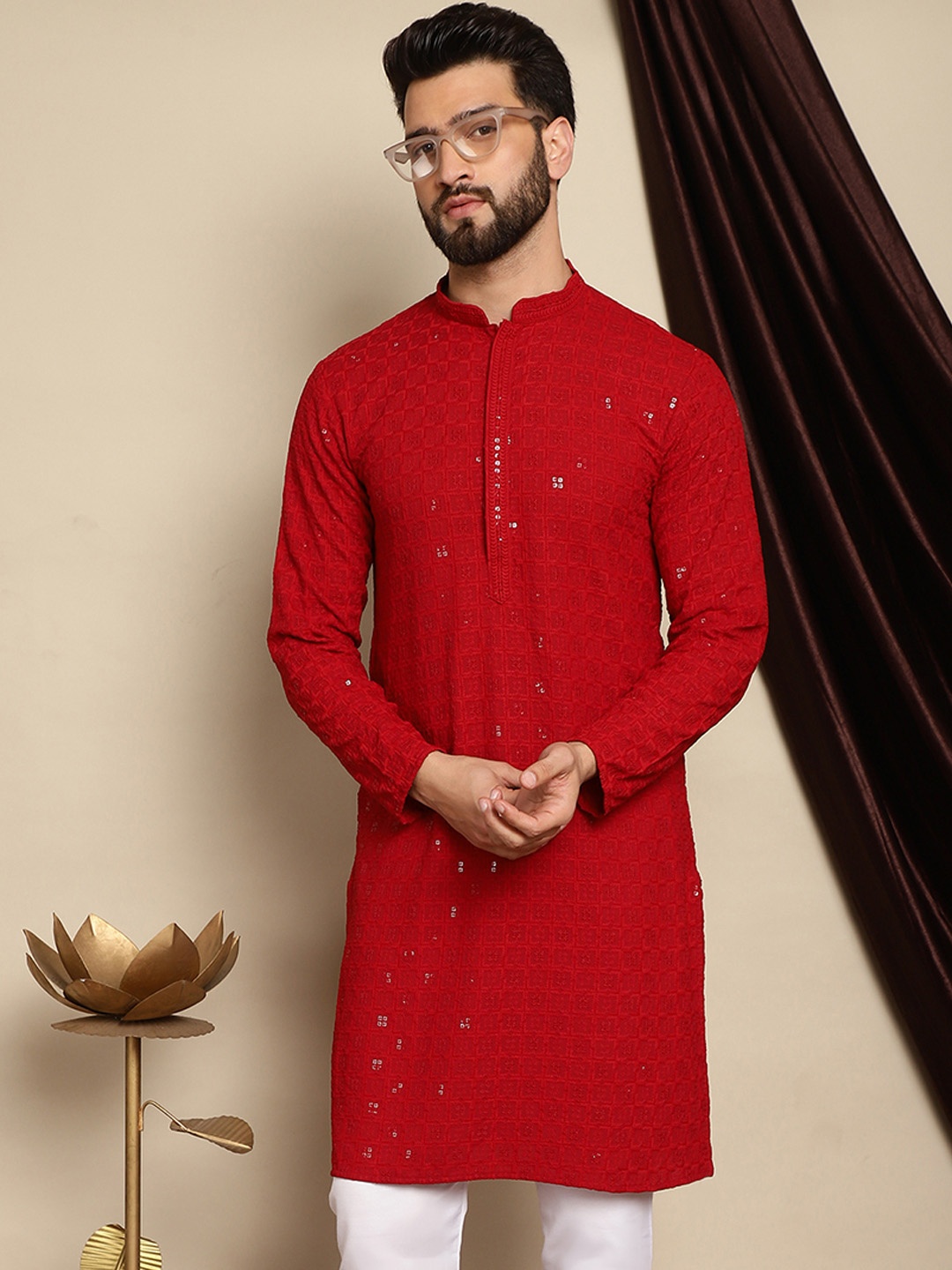 

Anouk Embroidered Woven Design Thread Work Cotton Pathani Kurta, Maroon