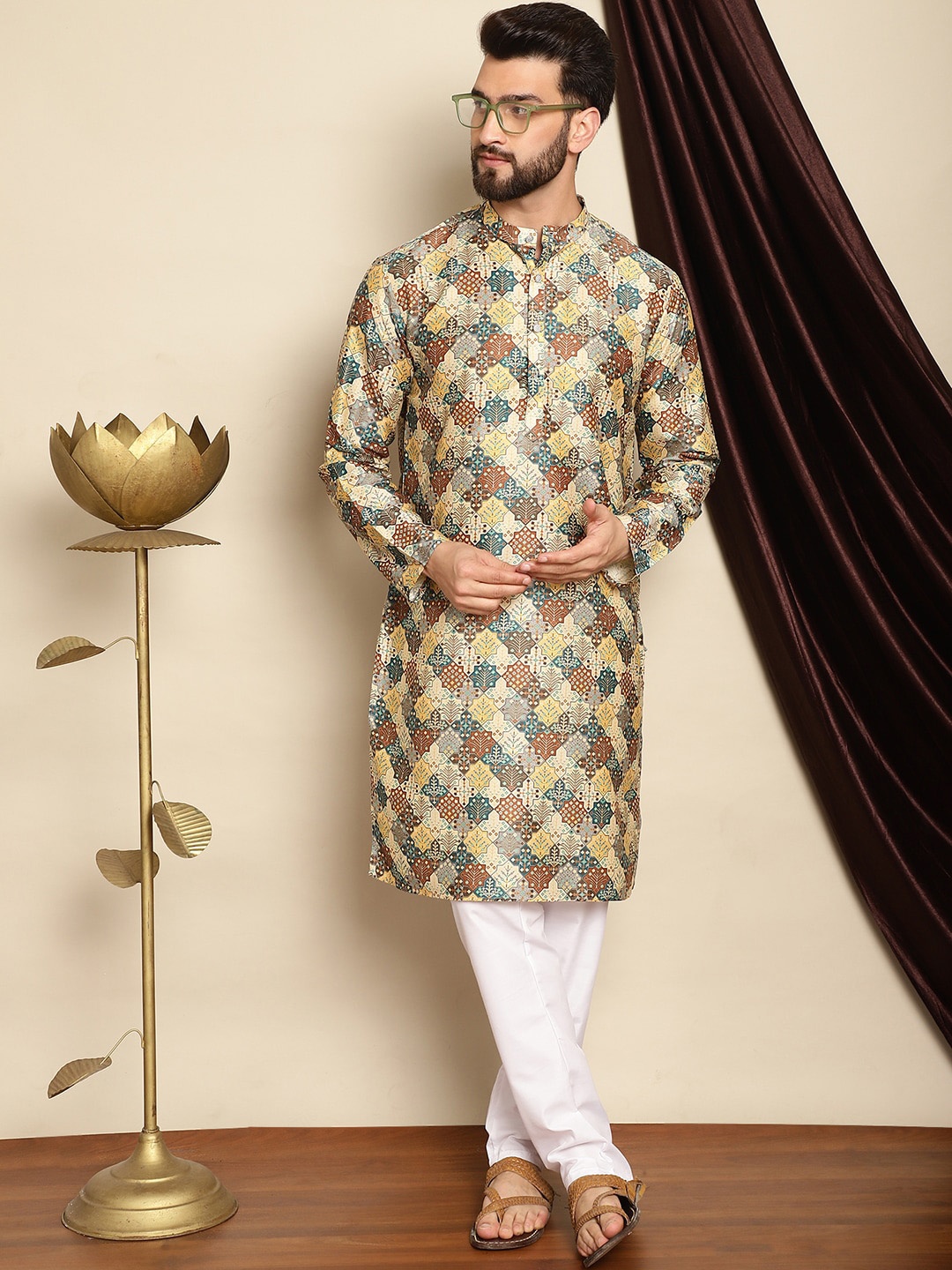 

Anouk Ethnic Motifs Printed Band Collar Kurta with Churidar, Green