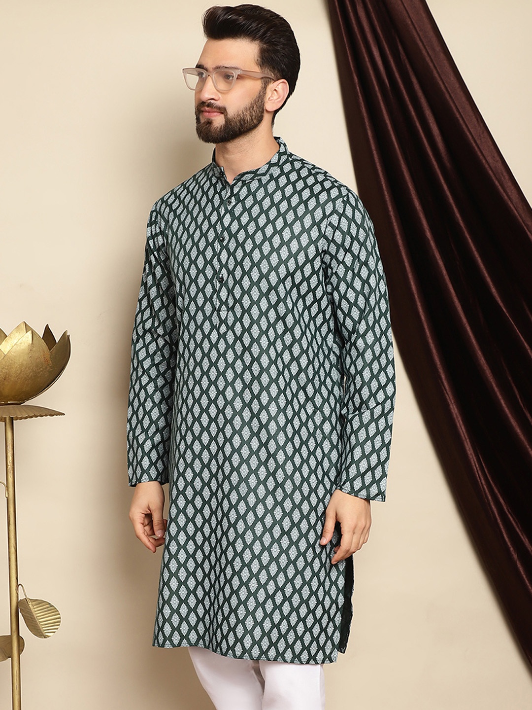 Anouk Green Ethnic Motifs Printed Straight Cotton Linen Kurta