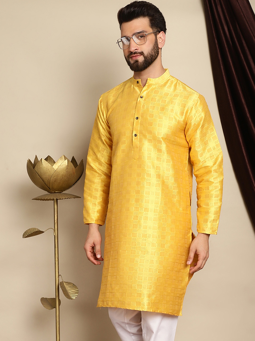 

Anouk Yellow Ethnic Motifs Woven Design Mandarin Collar Straight Jaquard Silk Kurta
