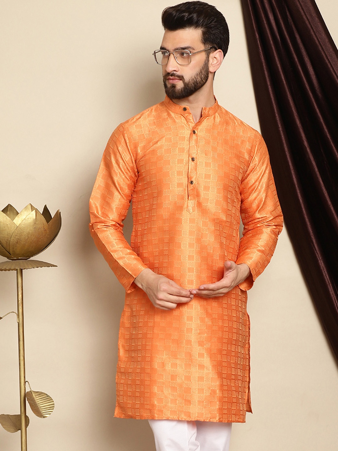 

Anouk Orange Geometric Woven Design Mandarin Collar Jacquard Silk Straight Kurta
