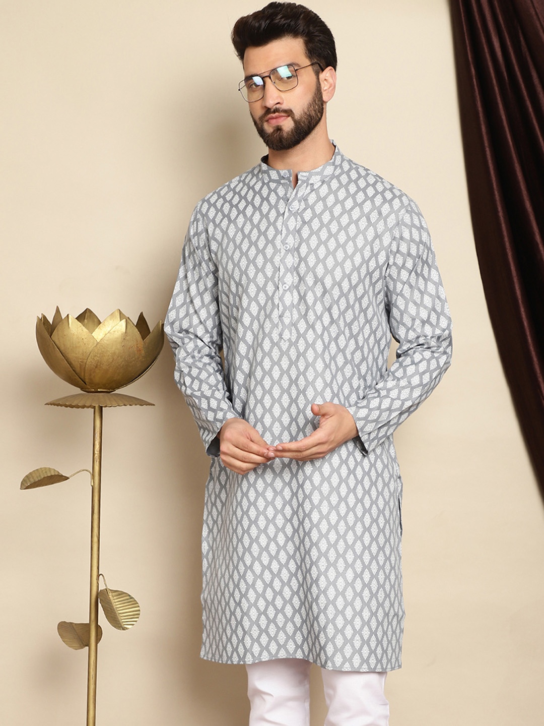 Anouk Ethnic Motifs Printed Mandarin Collar Long Sleeves Kurta, Grey