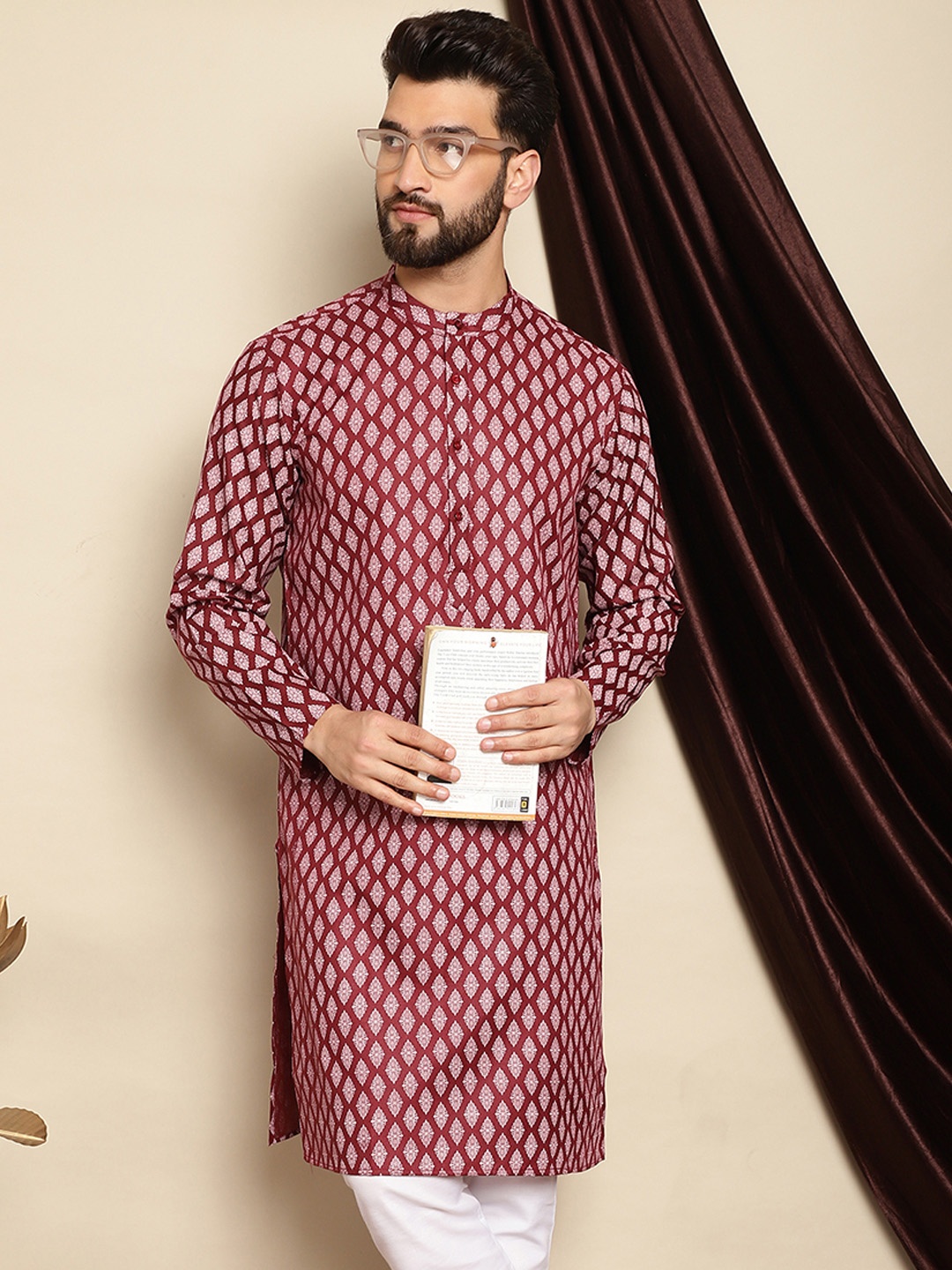 

Anouk Maroon Ethnic Motifs Printed Band Collar Cotton Linen Straight Kurta