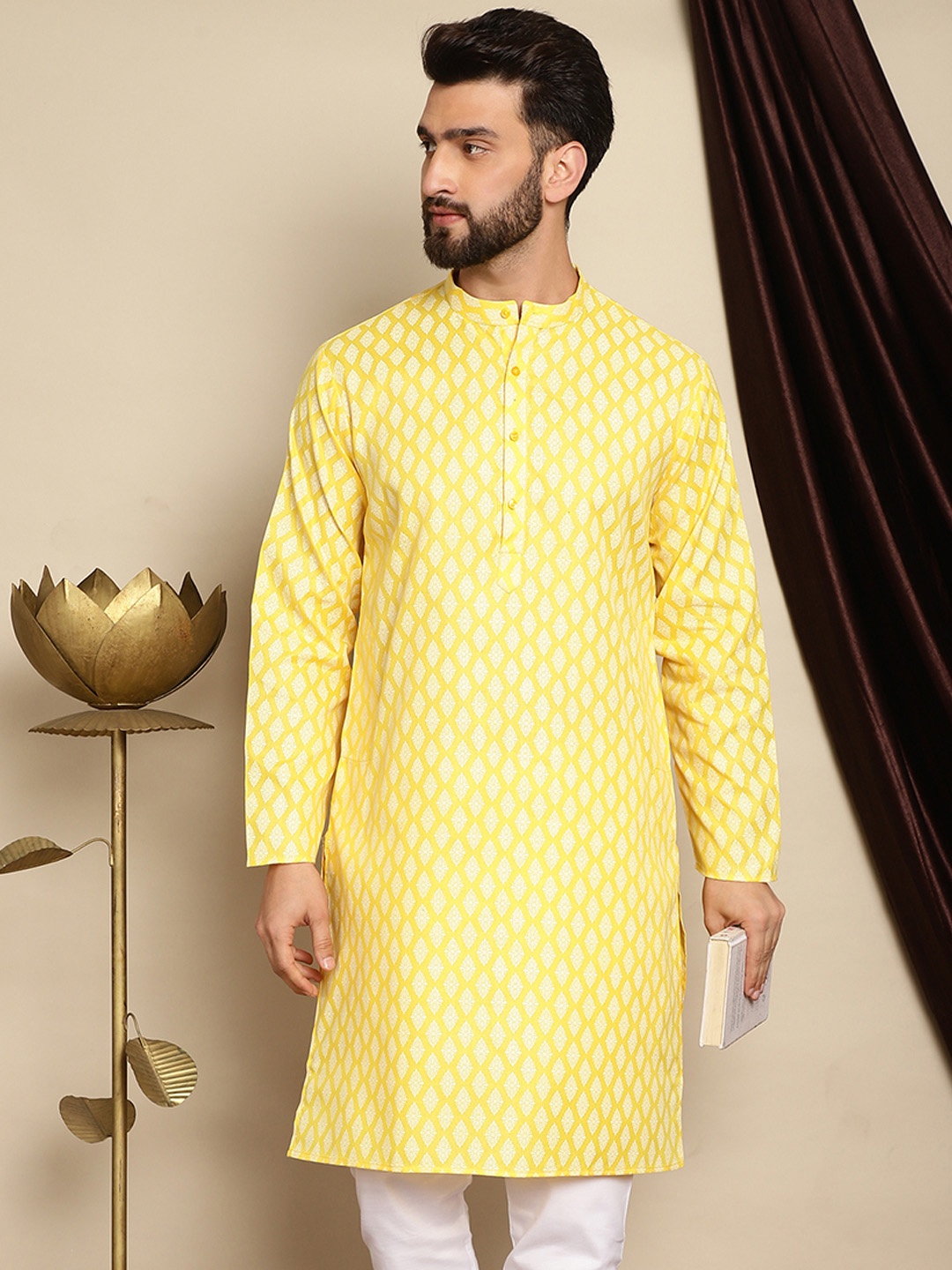 

Anouk Yellow Ethnic Motifs Printed Band Collar Straigt Kurta