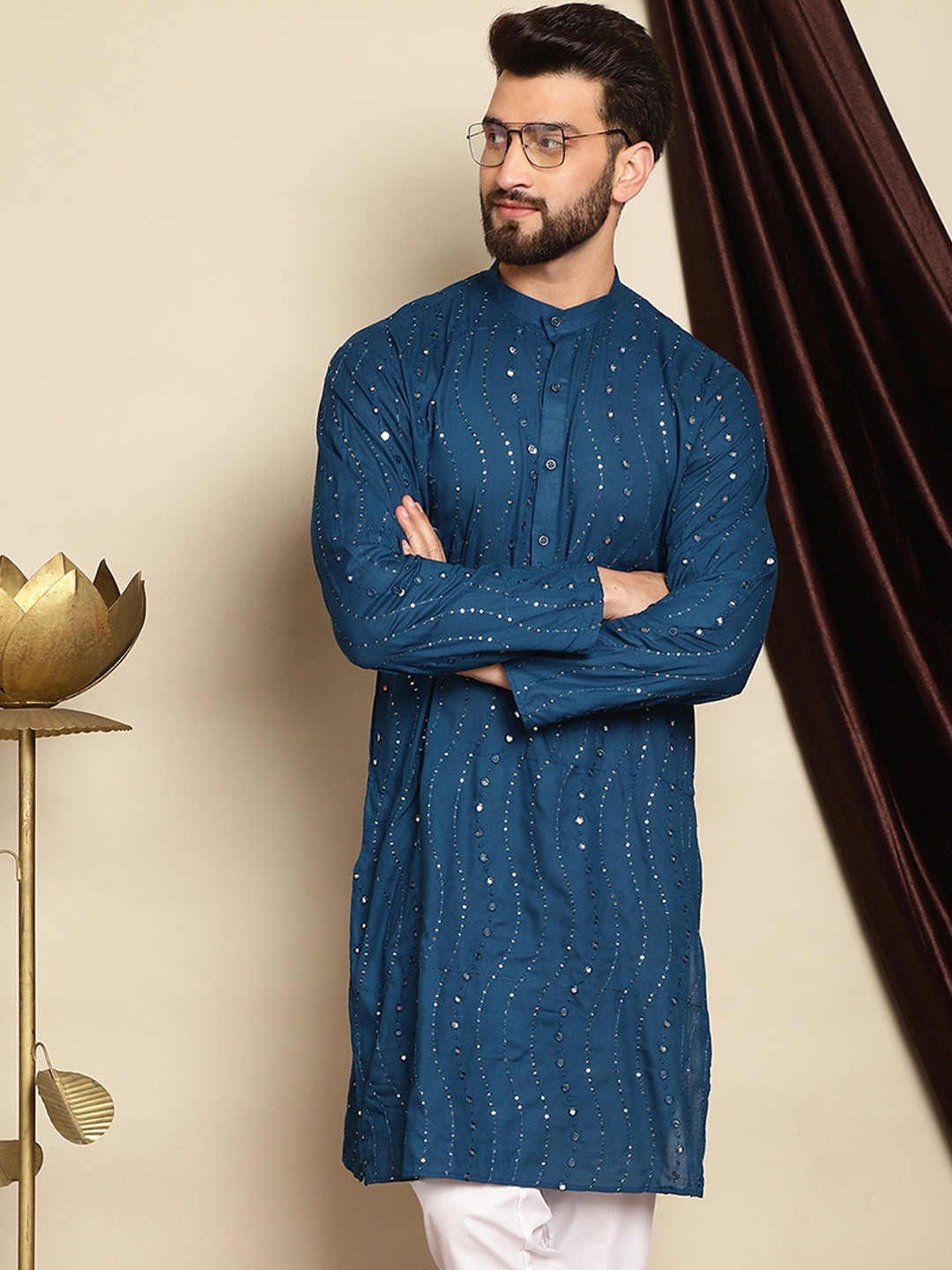 

Anouk Teal Blue Geometric Embroidered Mandarin Collar Mirror Work Cotton Straight Kurta