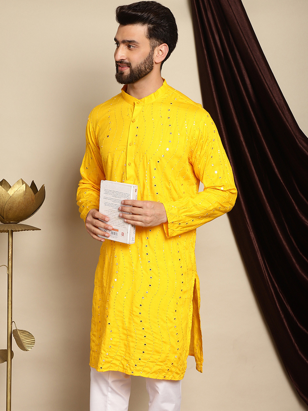

Anouk Yellow Geometric Embroidered Mirror Work Pure Cotton Straight Kurta, Mustard