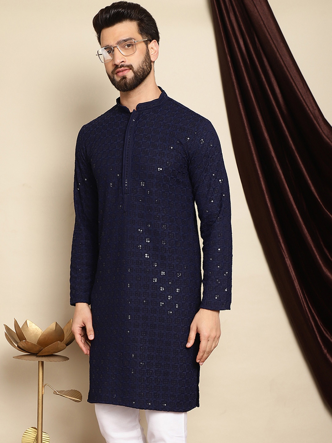 Anouk Navy Blue Ethnic Motifs Embroidered Sequined Straight Pure Cotton Kurta