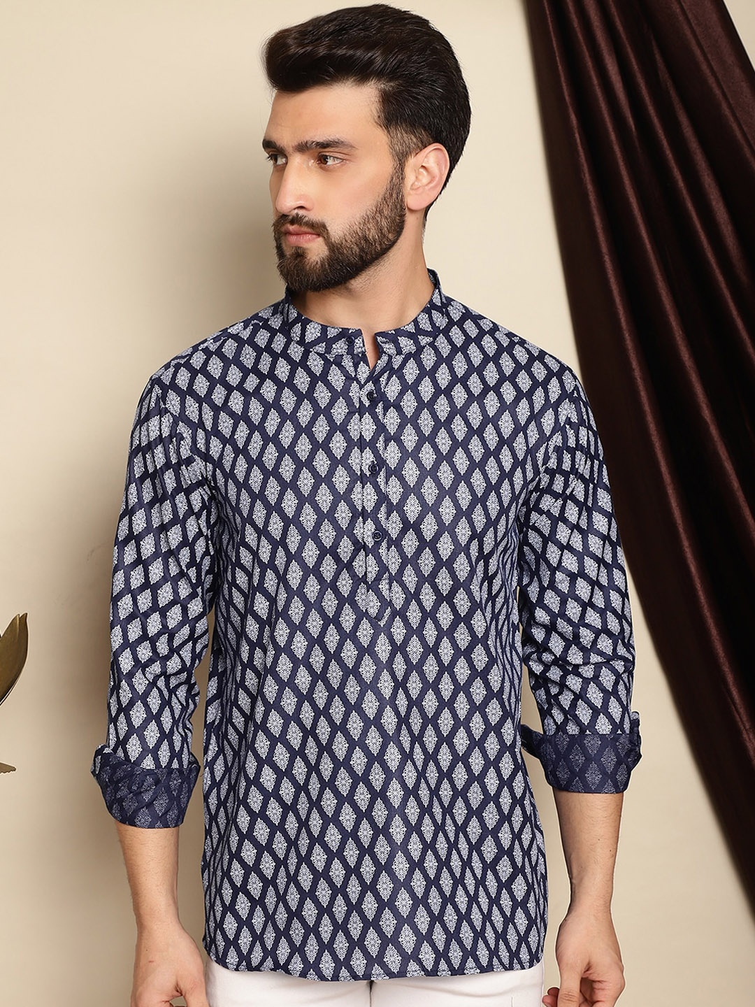 

Anouk Ethnic Motifs Printed Band Collar Cotton Linen Straight Kurta, Navy blue