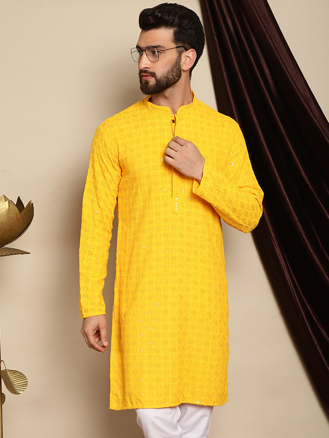 

Anouk Yellow Embroidered Sequined Mandarin Collar Pure Cotton Kurta