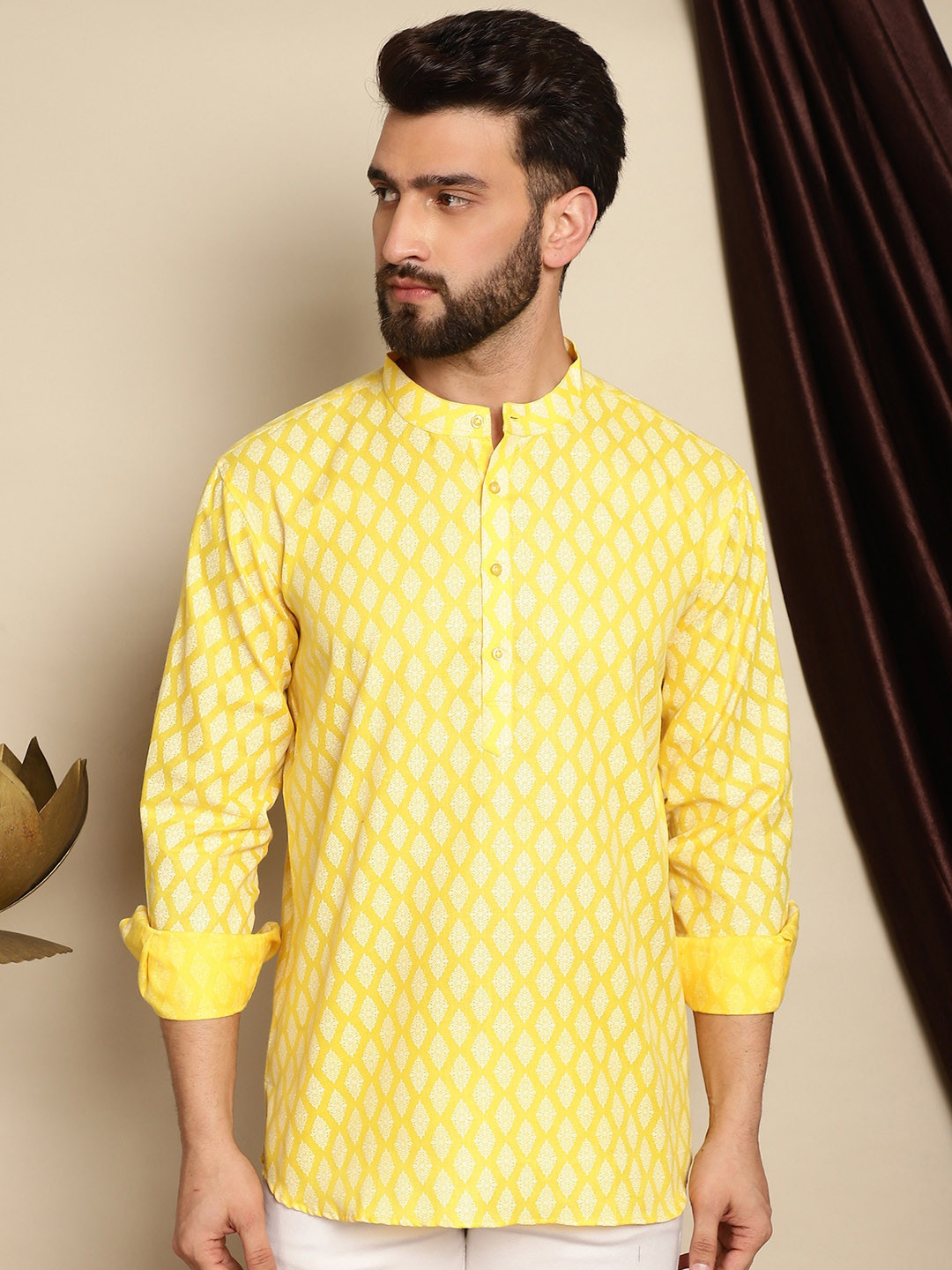 

Anouk Yellow Floral Printed Cotton Linen Straight Short Kurta