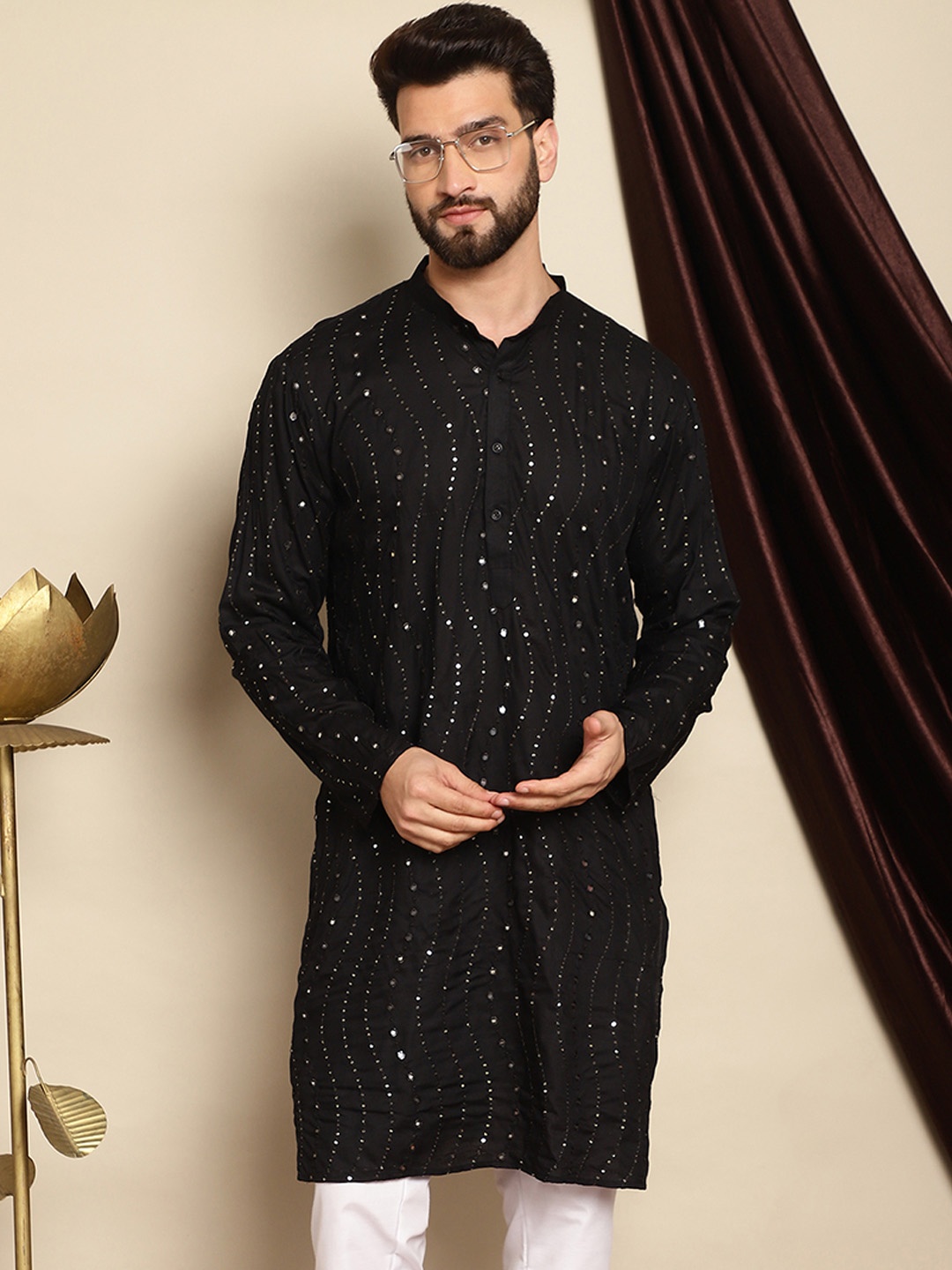 

Anouk Black Embellished Mirror Work Mandarin Collar Pure Cotton Kurta