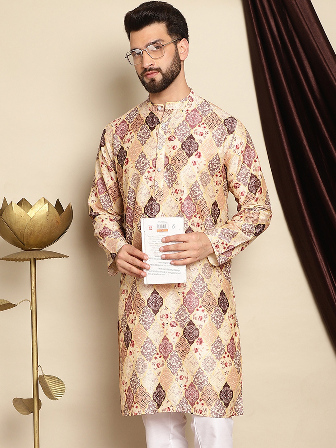 Anouk Beige Ethnic Motifs Printed Mandarin Collar Long Sleeves Silk Cotton Straight Kurta